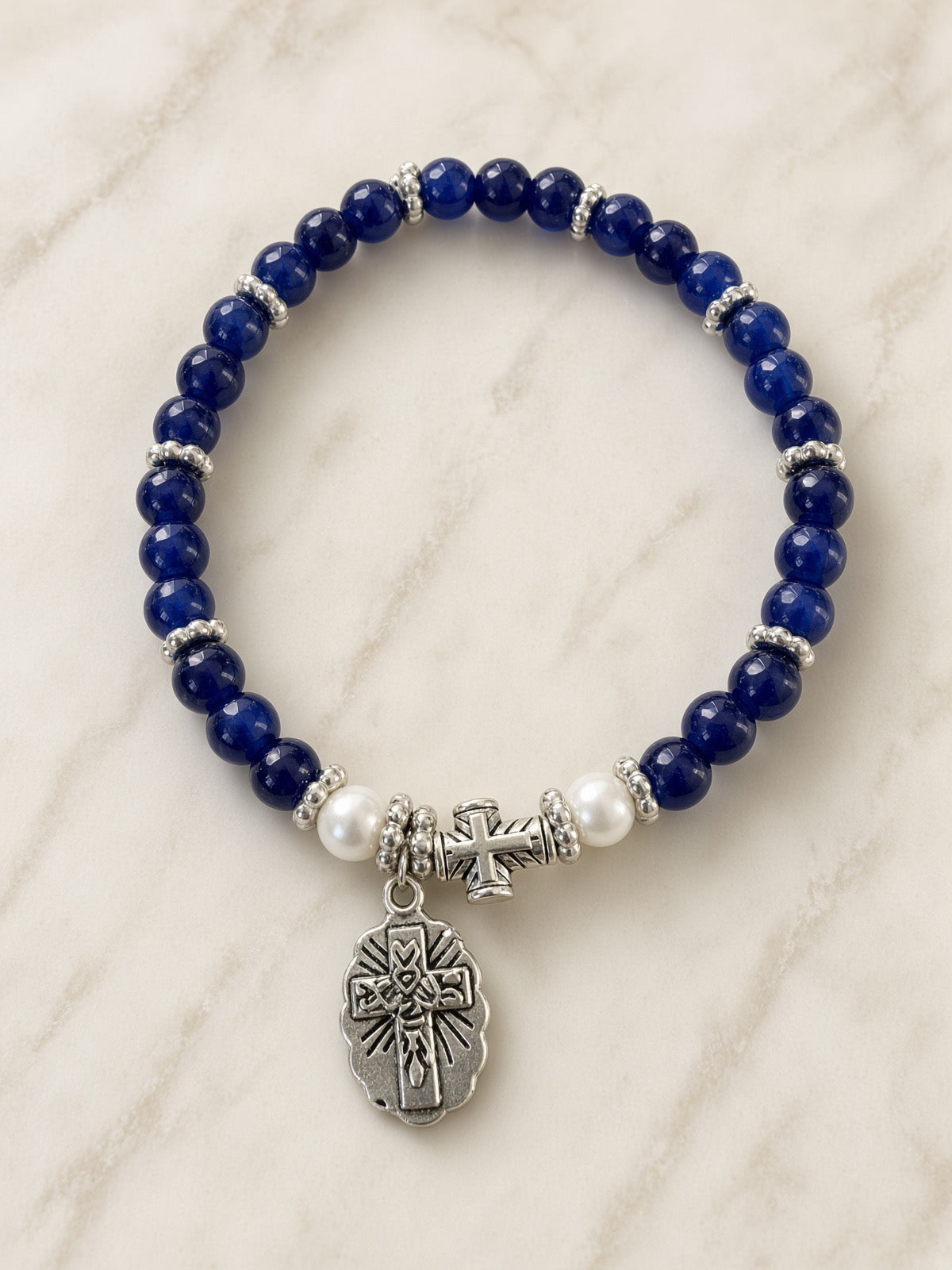 Our Lady of Grace Bracelet — Cobalt & Pearl — Everyday Saints · 3 for $30