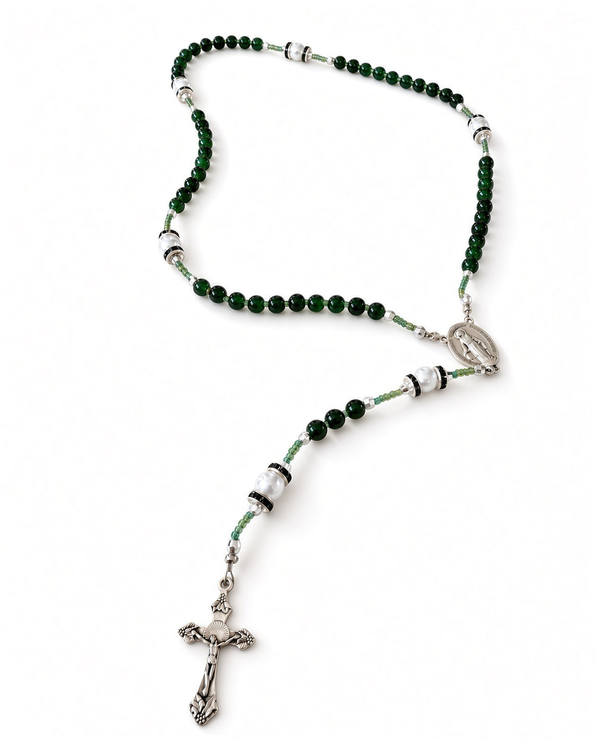 Handmade Emerald & Pearl Rosary with Miraculous Medal