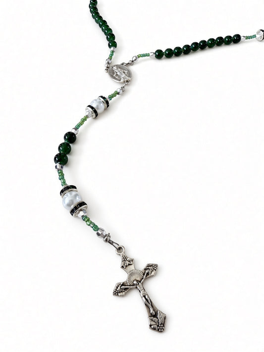 Handmade Emerald & Pearl Rosary with Miraculous Medal