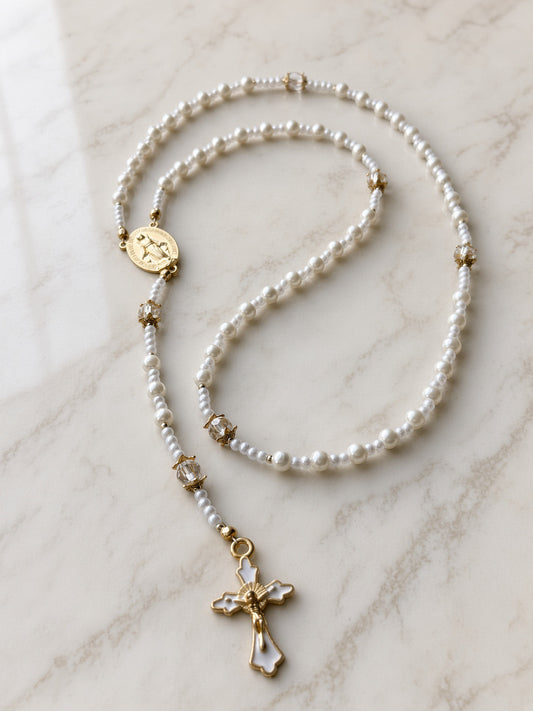 Pearl Rosary — Gold Miraculous Medal