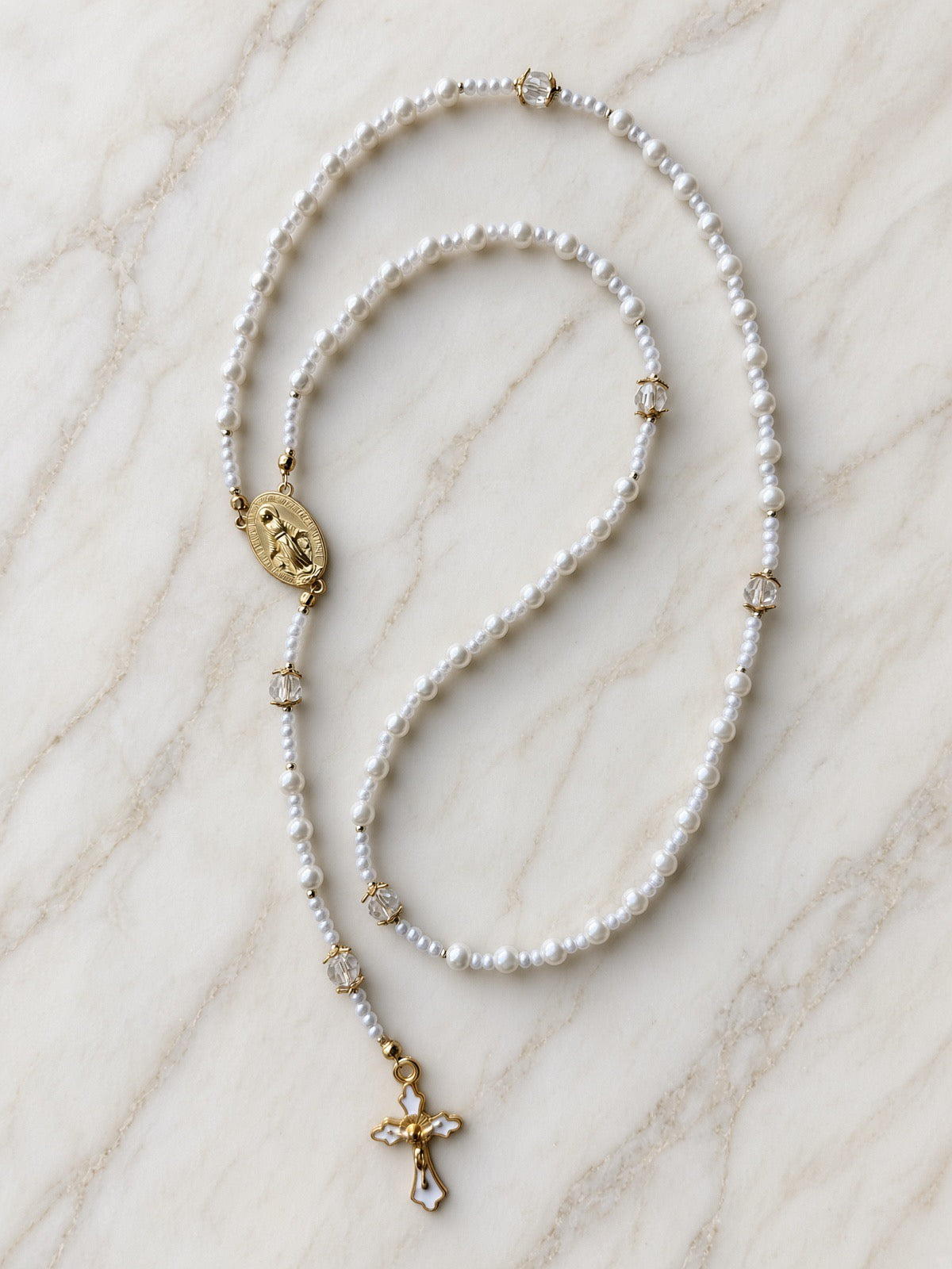 Pearl Rosary — Gold Miraculous Medal